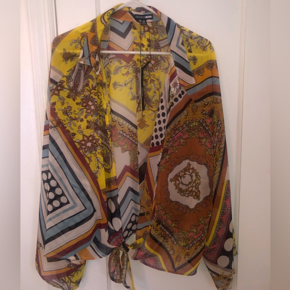 Fashion Nova Mixed Print Tie-Front Blouse - Boho Scarf Print Top - Size-2X - Picture 5 of 7